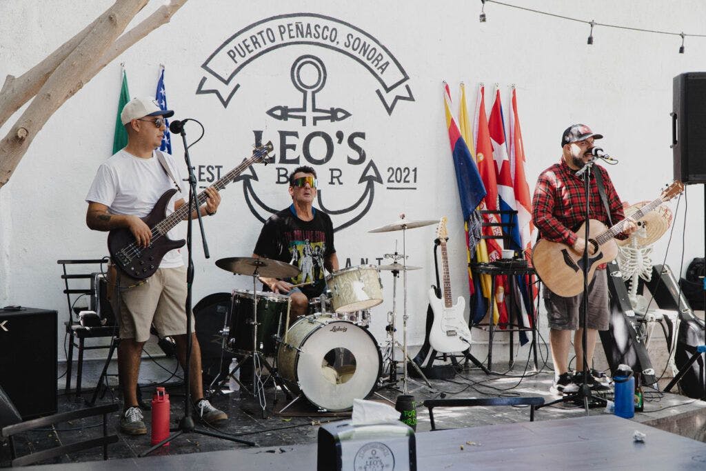 A live band performing on the stage at Leo's Bar in Puerto Peñasco