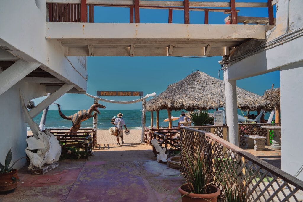 Beach entrance and palapa at Pitaya Bar in Puerto Peñasco