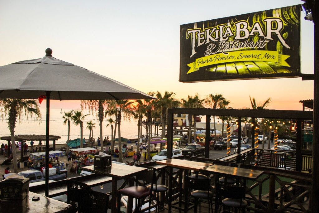 Tekila Bar terrace and sign overlooking the Rocky Point waterfront