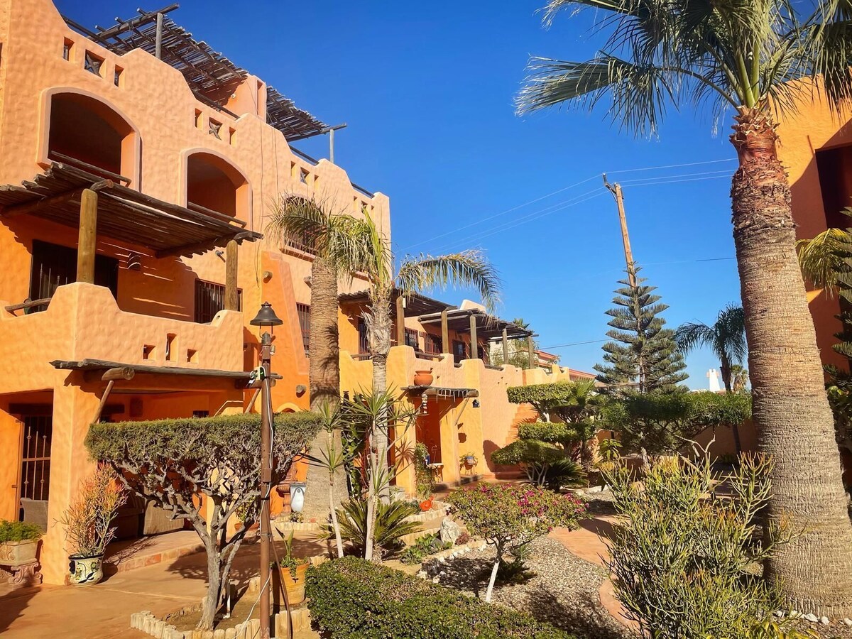 Colorful architecture and landscaped garden paths