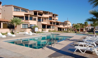 Poolside view of the condominium rows
