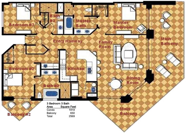 Three bedroom floor plan at Las Palomas