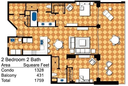 Two bedroom floor plan at Las Palomas