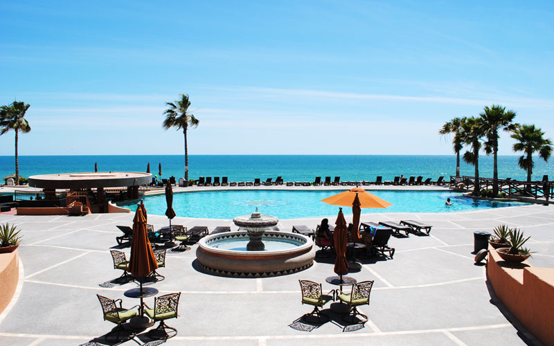 Poolside seating facing the Sea of Cortez