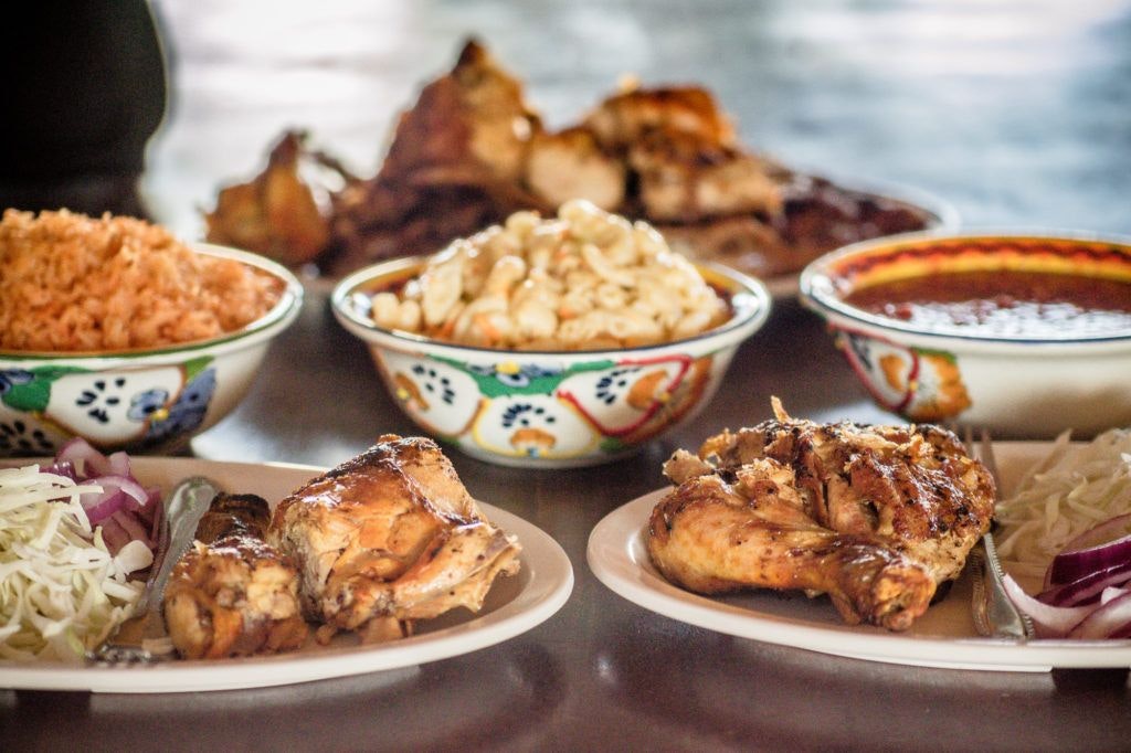 Charcoal-grilled chicken meal at Pollo Lucas in Puerto Peñasco